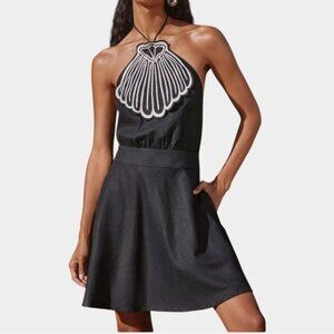 FARM Rio x Anthropologie Shell Detail Linen Blend Cover Up Dress XS Black NWT